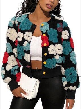 Cropped Floral Print Bomber Jacket Fleece Varsity Button Down Puff Sleeve Coat